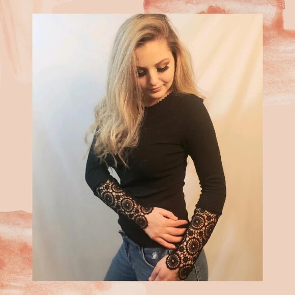 Black Ribbed Fitted Half Lace Long Sleeve Tee - Picture 1 of 3